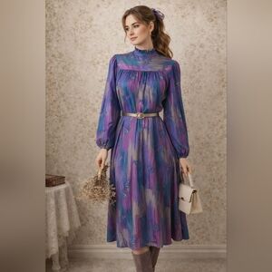 Vintage 80s Floral Midi Dress Purple Teal Prairie Cottagecore Small Spring